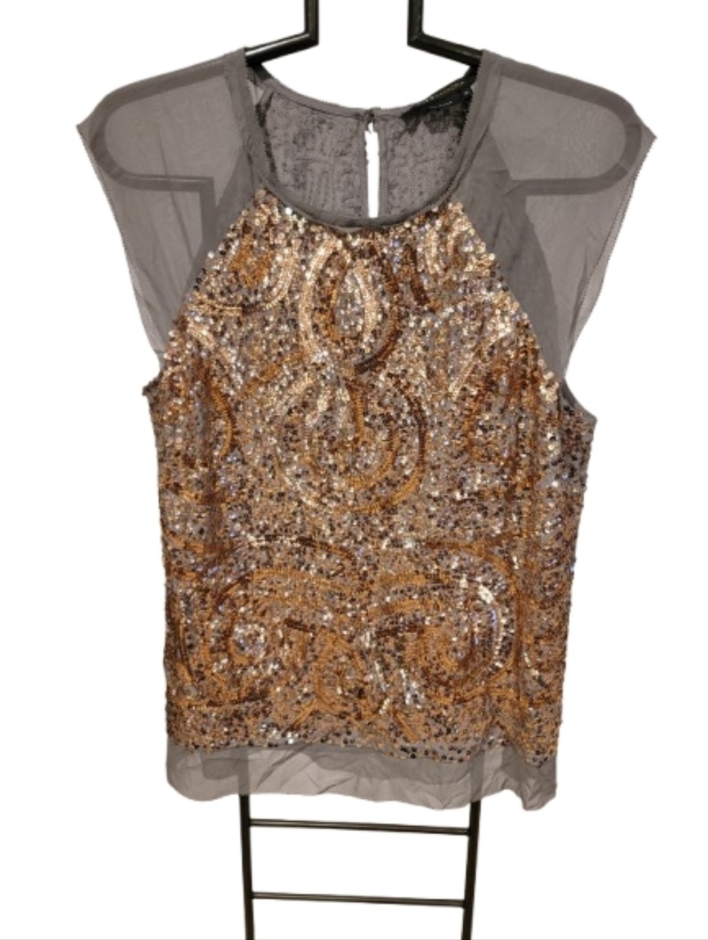 BCBGMaxAzria Gold Sequin & Gray Mesh Cap-Sleeve Tank - Picture 3 of 12